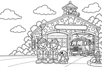 The firehouse and its engine on a sunny street: