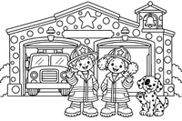 Freddy, Frieda and Pepper at the firehouse with the engine: