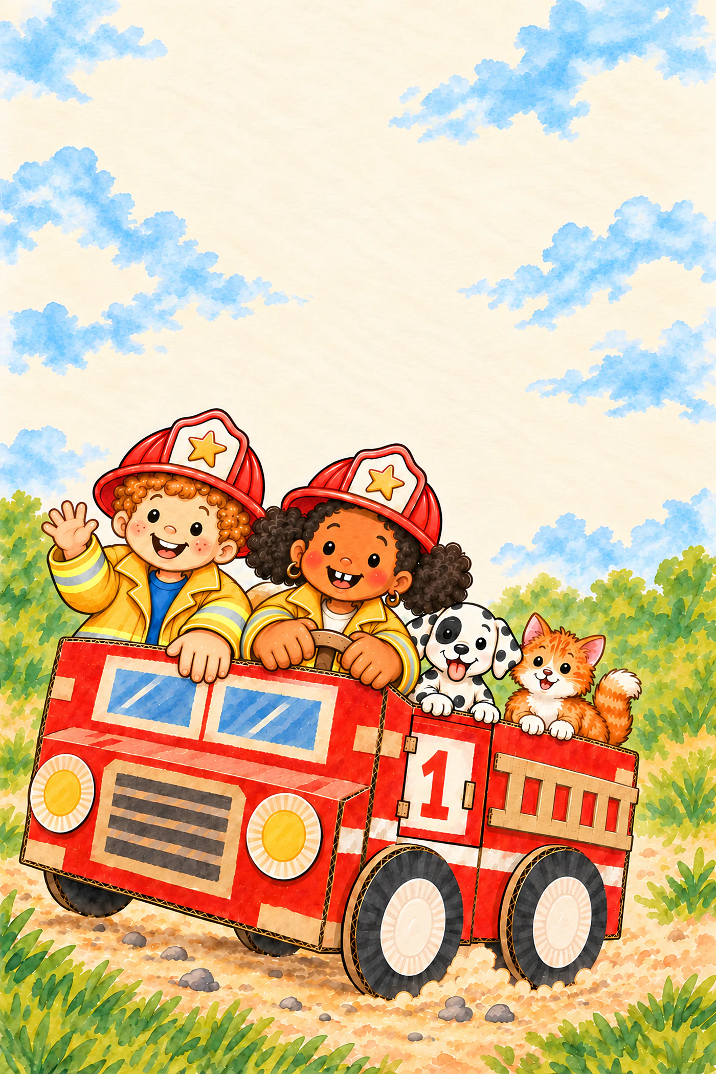 Freddy, Frieda, Pepper and Mittens ride in a cardboard fire engine