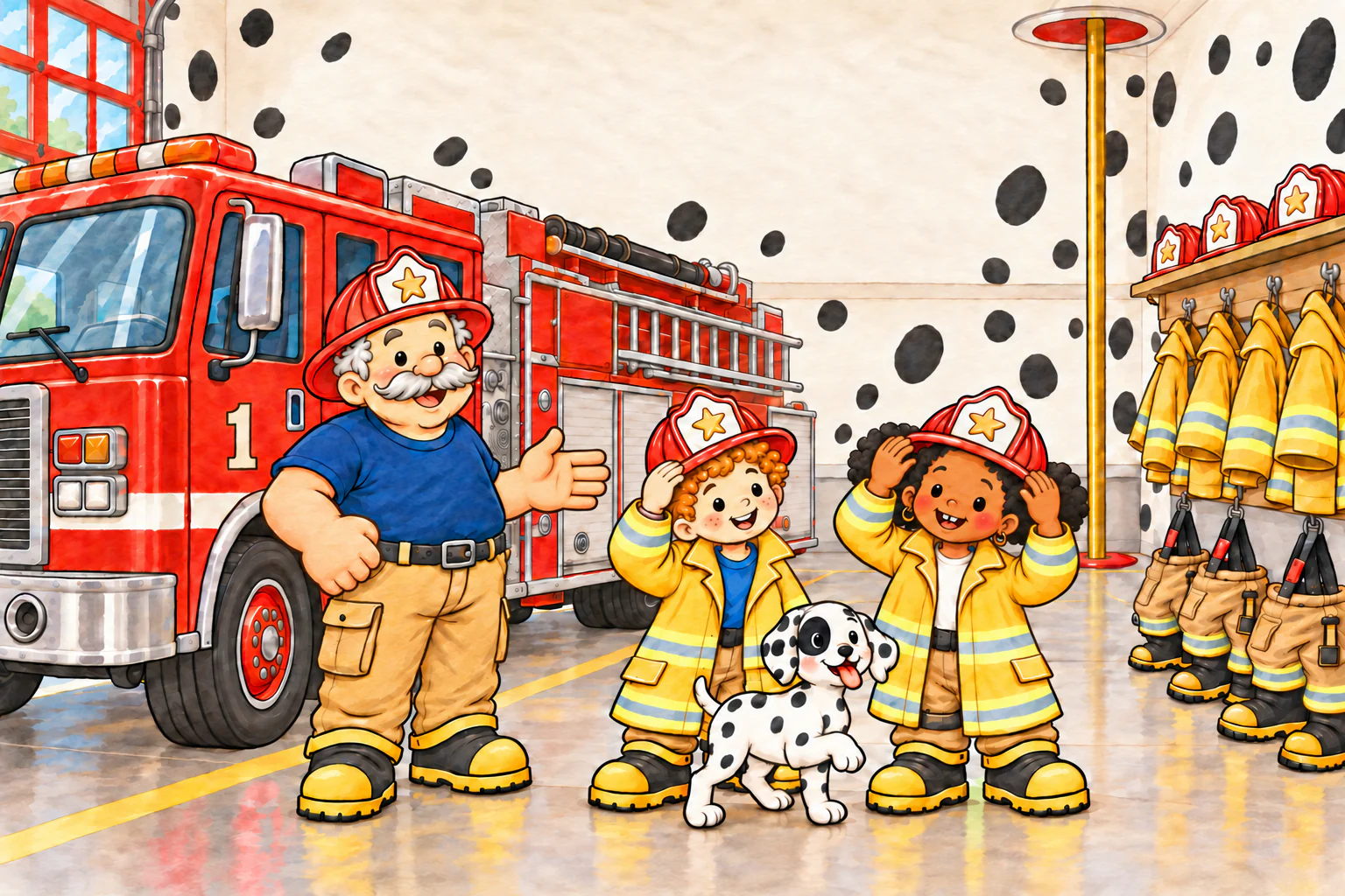 Inside the apparatus bay of the firehouse