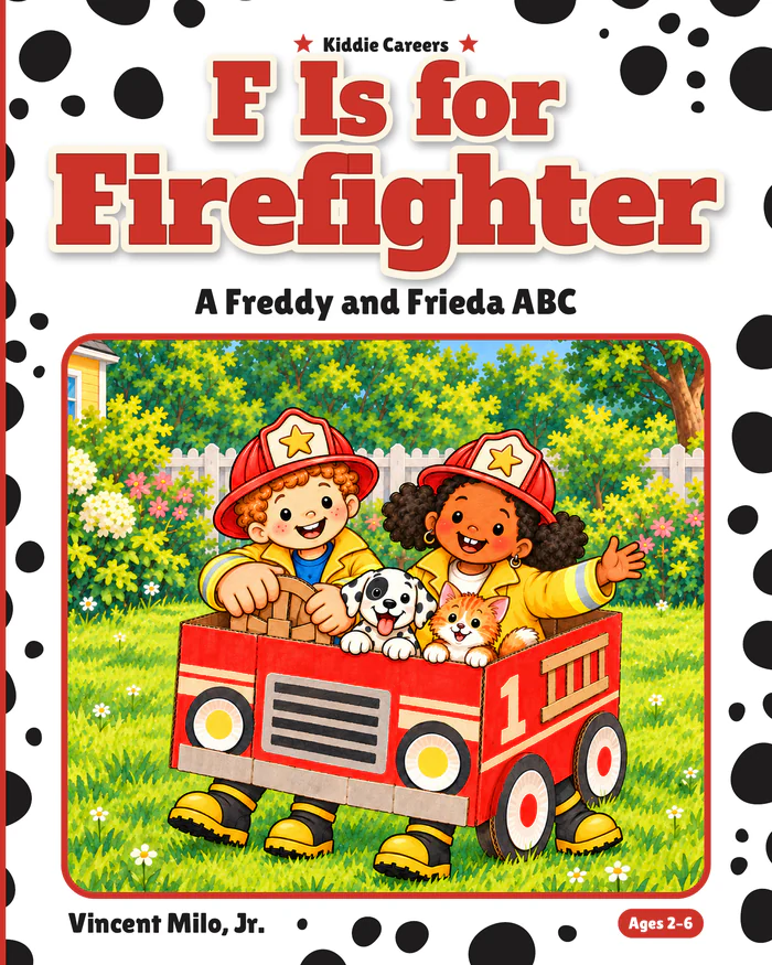 Cover art: the kids, Pepper and Mittens in a cardboard fire engine