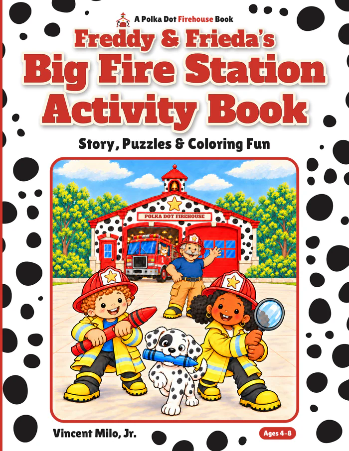 Cover art: Freddy with a giant crayon, Frieda with a magnifying glass