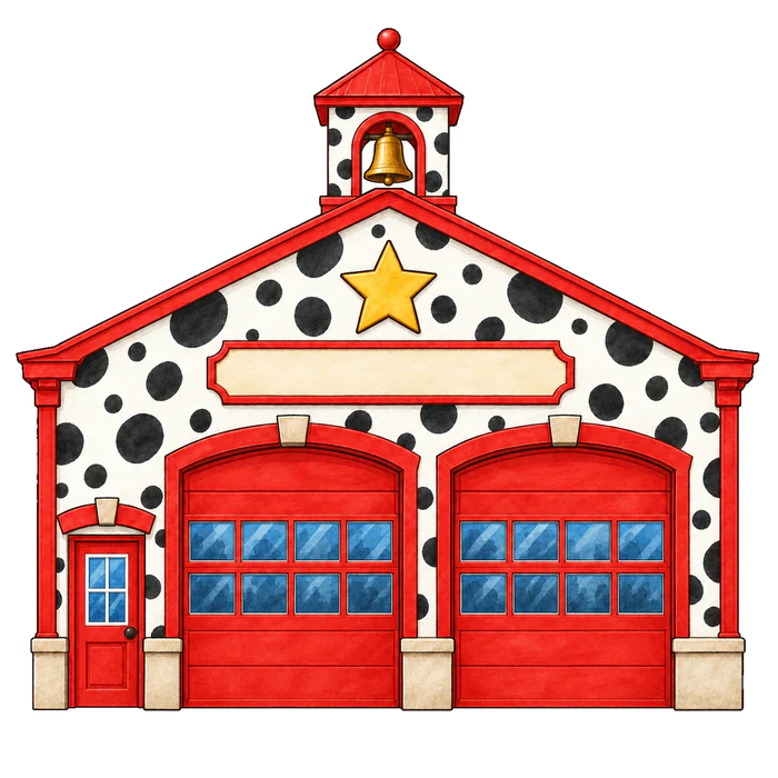 A polka-dot firehouse with two red doors