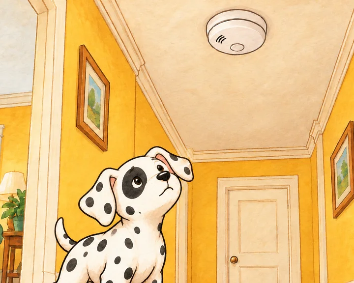Pepper looks up at a smoke alarm on the hallway ceiling
