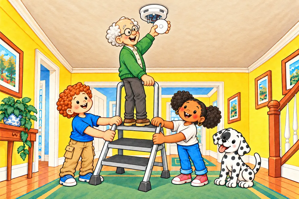 Grandpa stands on a step stool and puts a new battery in the smoke alarm. Freddy, Frieda and Pepper help.