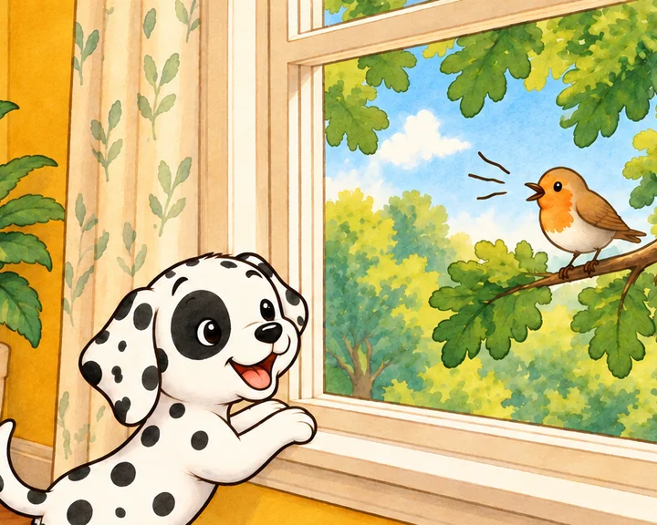 Pepper looks out the window at a bird in a tree