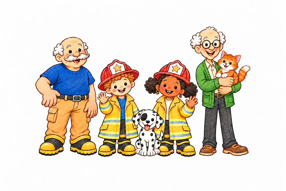 Captain Gus with Freddy, Frieda, Pepper, Grandpa and Mittens