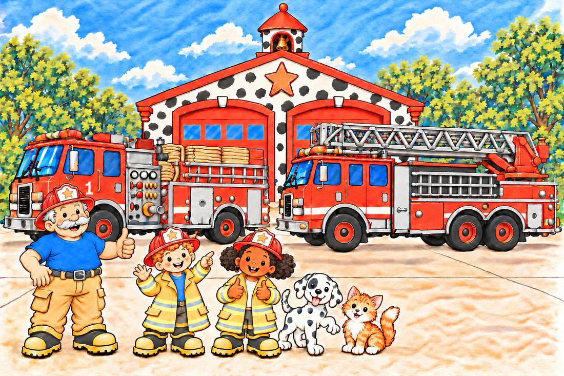 The Polka Dot Firehouse with an engine and a ladder truck out front