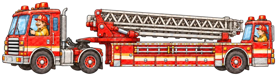A long tiller ladder truck with a small cab at the back