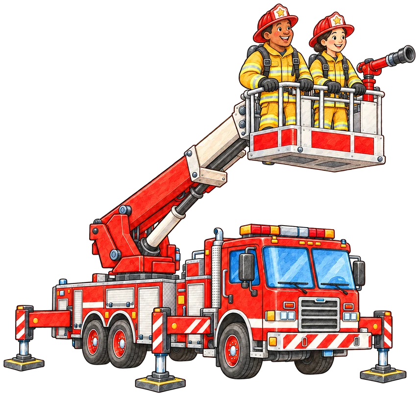 A tower ladder truck with a bucket at the end of its ladder