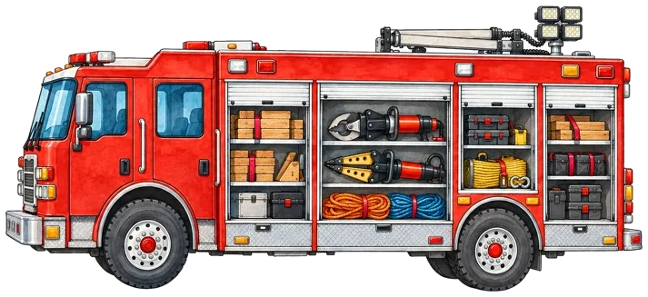 A boxy red rescue rig with many compartment doors