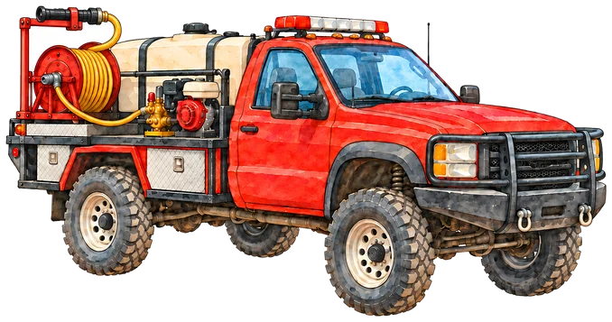 A small off-road brush truck with a water tank in the back