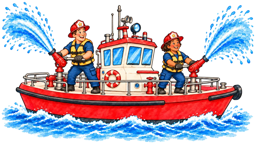 A red fireboat spraying two streams of water