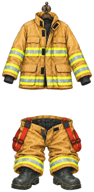 A tan turnout coat and pants with reflective stripes, and boots