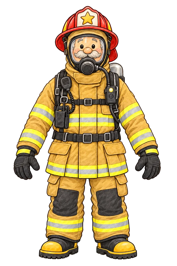 Captain Gus, in his turnout gear, says: