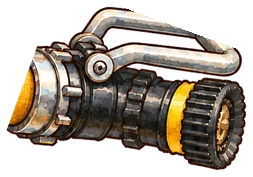 The metal nozzle that goes on the end of a fire hose, with a handle on top