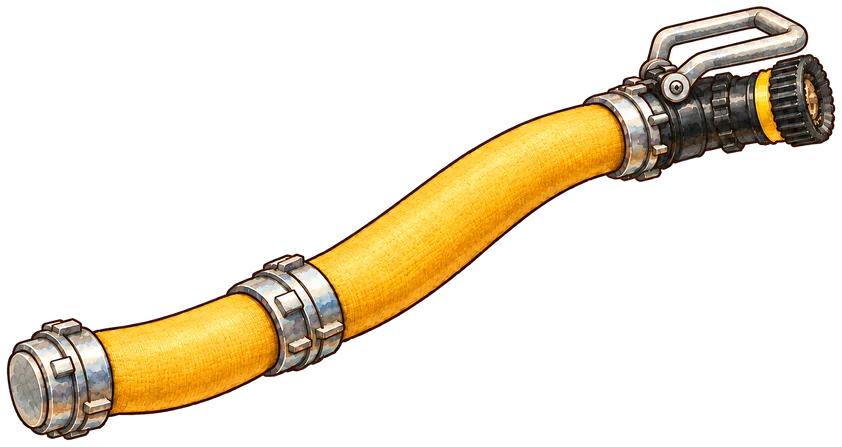 A yellow fire hose with metal couplings and a black-and-silver nozzle