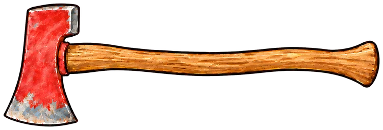 A firefighter's axe with a red head and a wooden handle