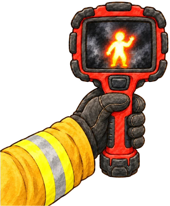 A gloved hand holds a thermal camera showing a glowing person shape