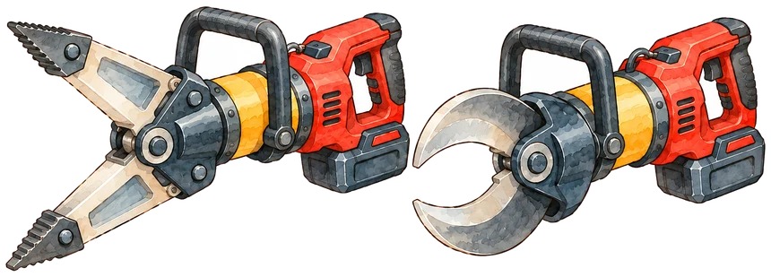 A spreader and a cutter, two battery rescue tools