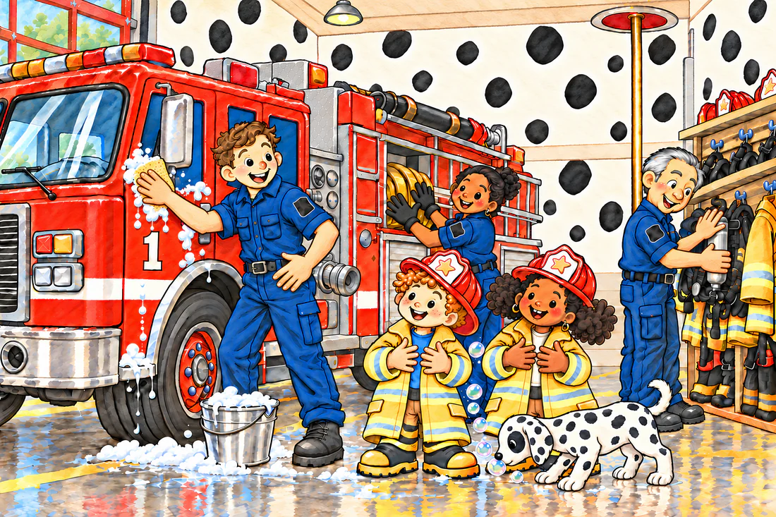 A firefighter washes the engine while Freddy and Frieda help