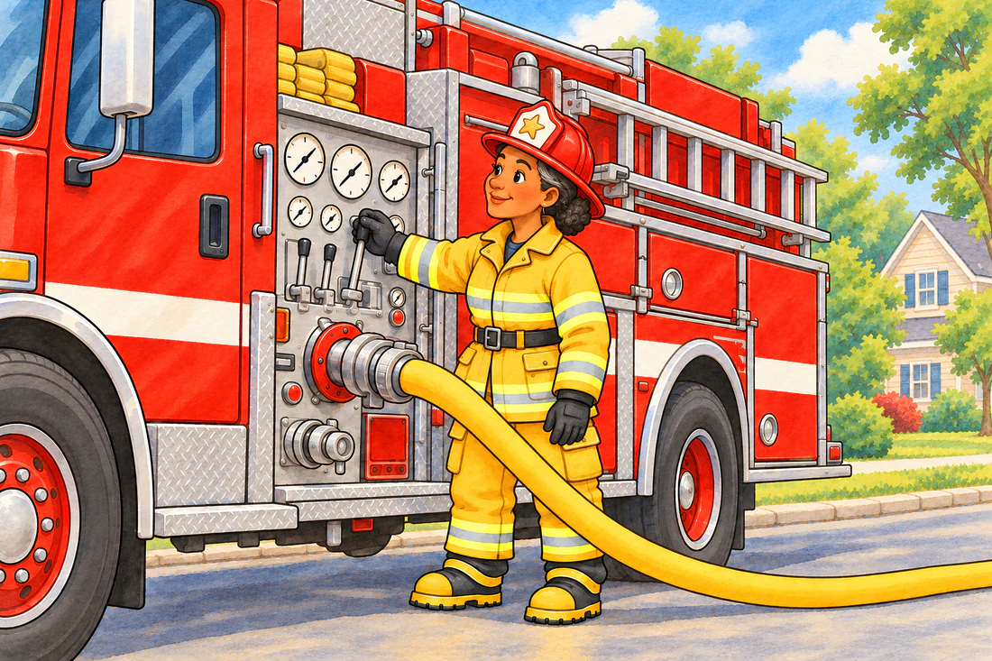 A firefighter at the engine's pump panel with a hose