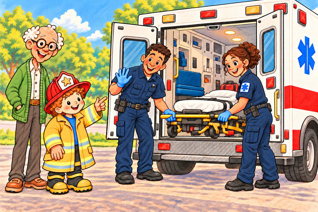 Two paramedics with a stretcher at the back of an ambulance