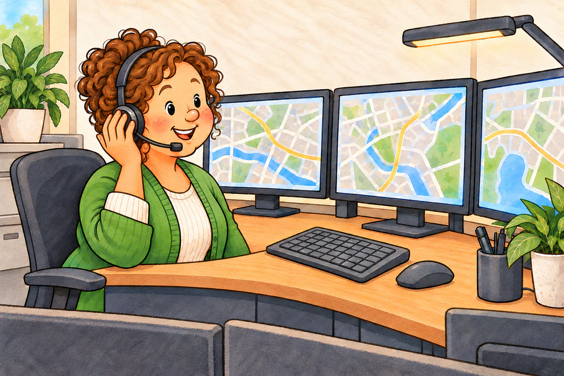 A dispatcher with a headset in front of map screens