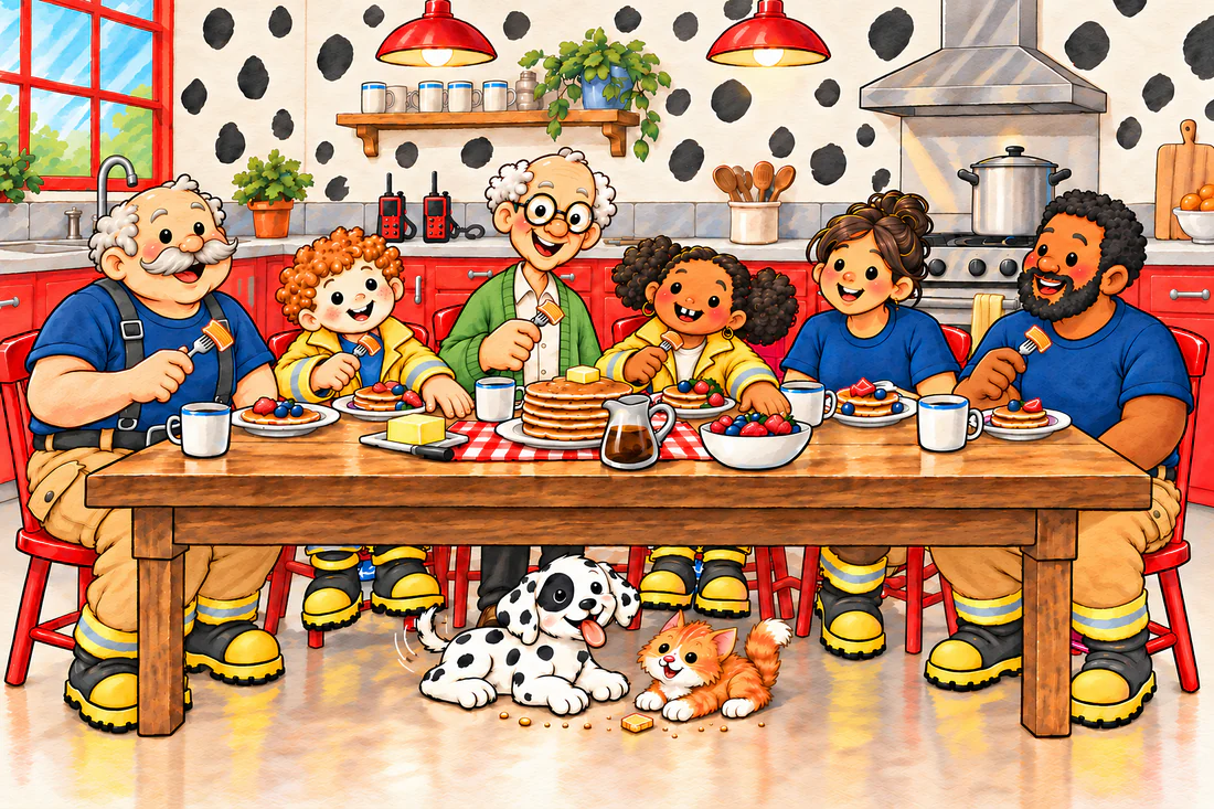 The crew eating pancakes together at the firehouse table