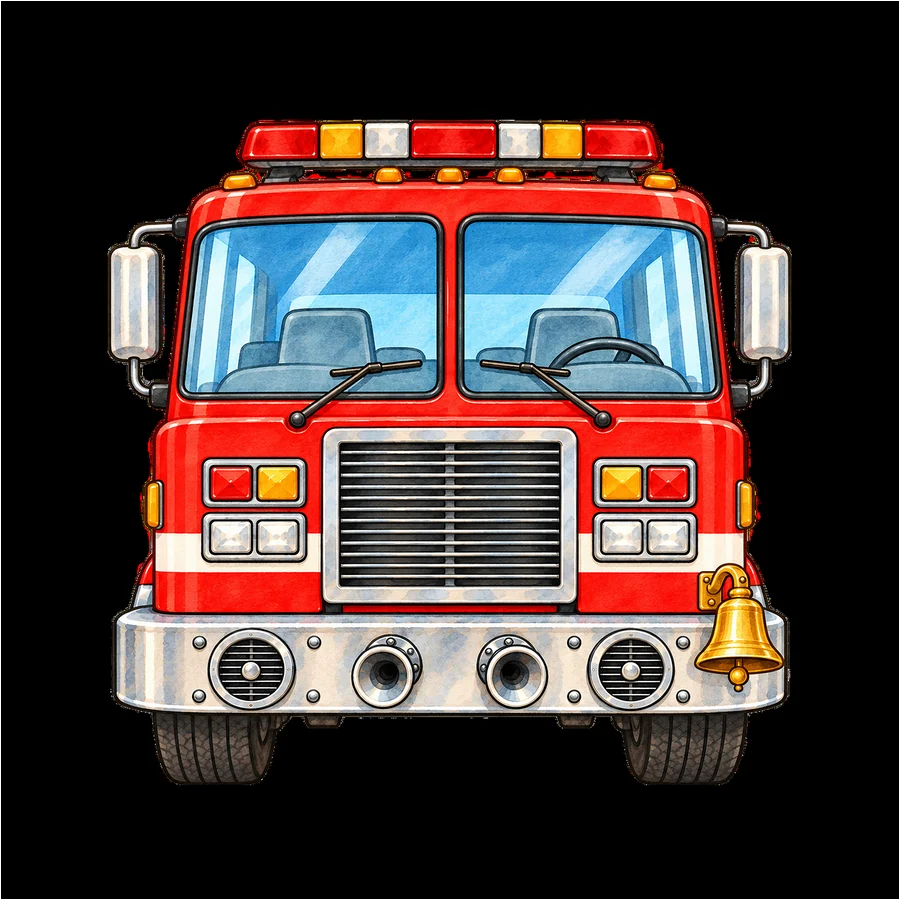 The front of a fire engine with its siren, air horns and bell