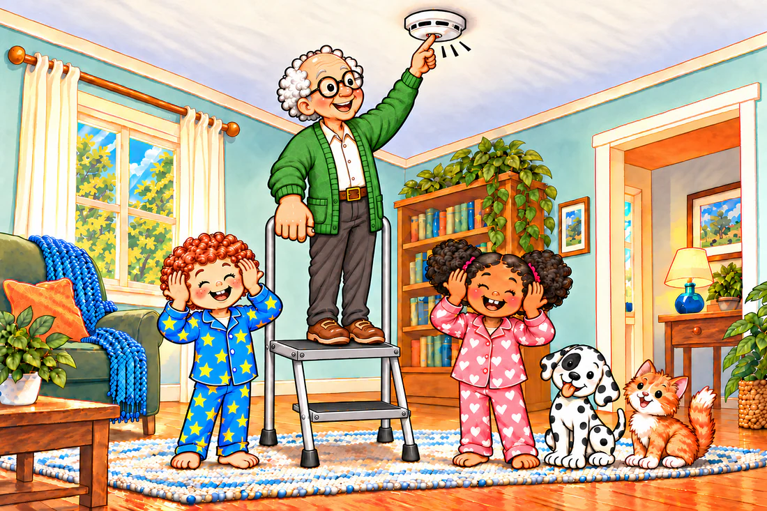 Grandpa on a step stool reaches up to the smoke alarm