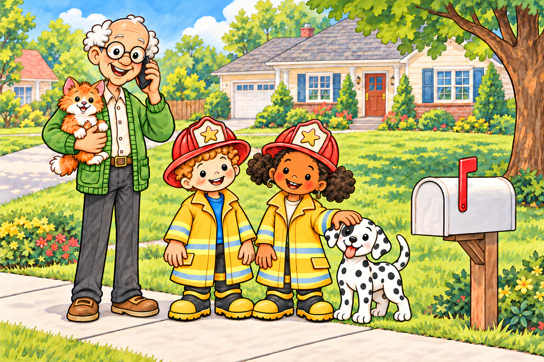 Grandpa calls on his phone outside, with the kids beside him