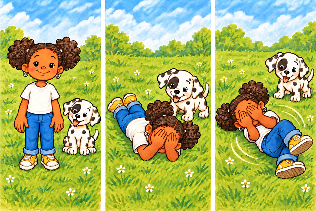 Frieda shows stop, drop and roll in three pictures