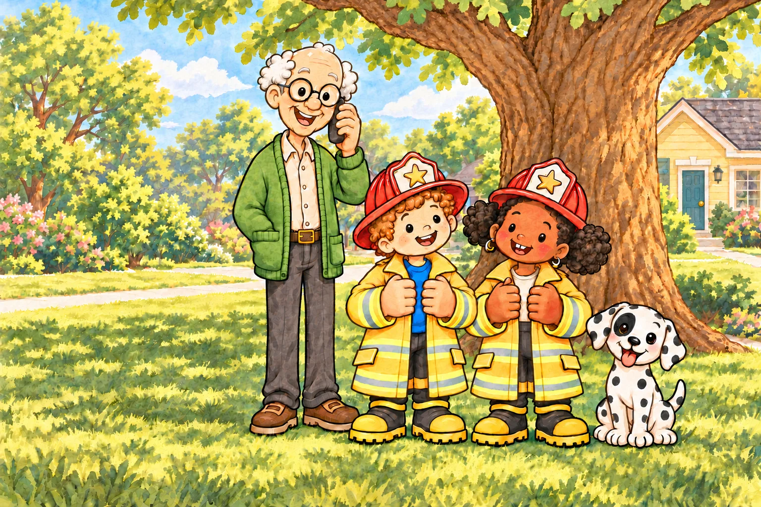 Everybody is out at the meeting place under the big oak tree: Grandpa with his phone, Freddy, Frieda and Pepper.