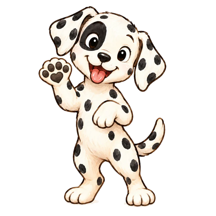 Pepper the Dalmatian pup stands on her back legs and waves