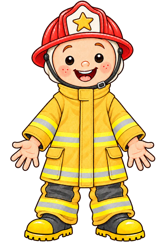 Freddy in boots, pants, hood, coat and helmet