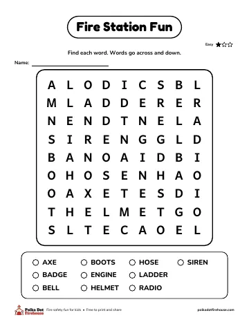 An easy word search with words like axe, hose, engine and helmet