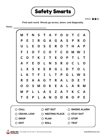 A word search with safety words like crawl low, meeting place and smoke alarm