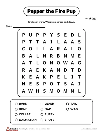 A word search with puppy words like bark, leash, collar and spots