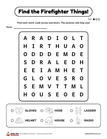 A word search with picture clues: gloves, hose, ladder, helmet, house and radio