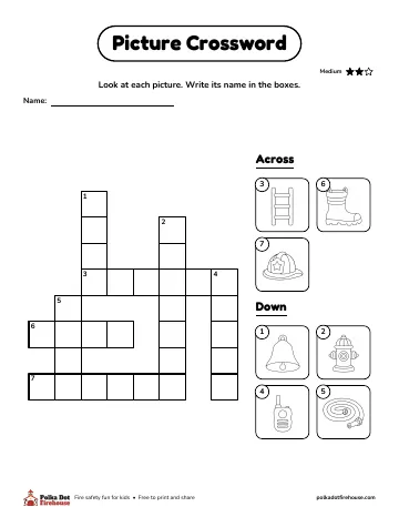 A crossword with picture clues like a ladder, boot, helmet, bell and hydrant