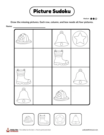 A 4-by-4 picture sudoku with helmets, boots, bells and stars