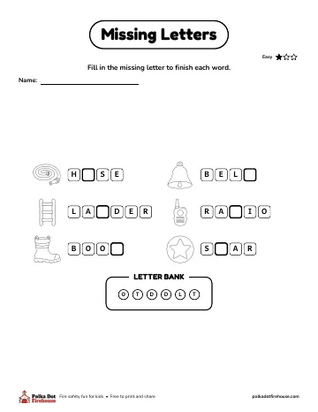 Fill in the missing letter in fire words like hose, ladder, boot and bell
