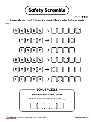 Unscramble six safety words, then use the circled letters for a bonus puzzle