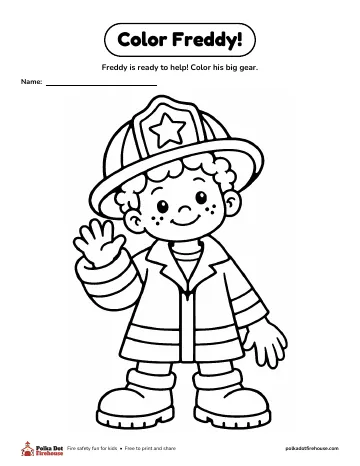 Freddy in a helmet and turnout coat, waving, to color