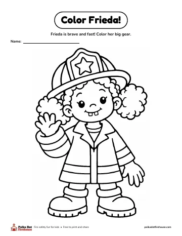 Frieda in a helmet and turnout coat, waving, to color