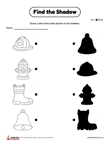 Draw lines to match a helmet, hydrant, boot and bell to their shadows