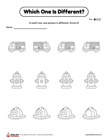 Rows of fire engines, hydrants and helmets. Circle the one that looks different