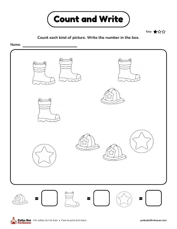 Count the boots, helmets and stars, then write each number in a box
