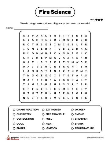 A hard word search with words like combustion, oxygen and fire triangle